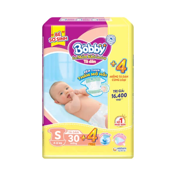 Tã dán Bobby siêu thấm khô thoáng (S, 30 miếng) + 4 miếng
