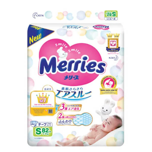 Bỉm tã dán Merries size S 82 miếng (4-8kg)