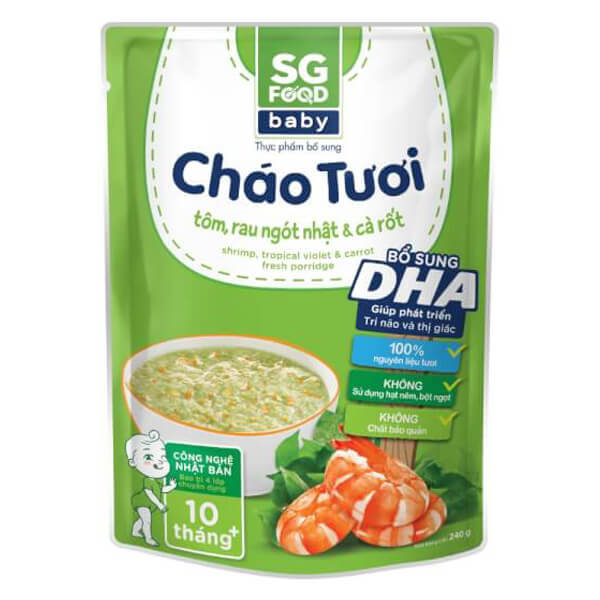 Cháo tươi Baby Tôm Rau Ngót Nhật Cà Rốt, SG Food, 10 tháng, 240g