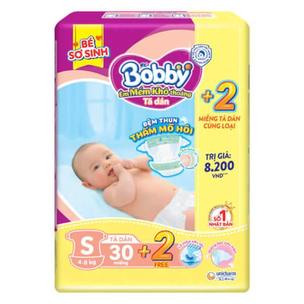 Tã dán Bobby siêu thấm khô thoáng (S, 30 miếng) + 2 miếng