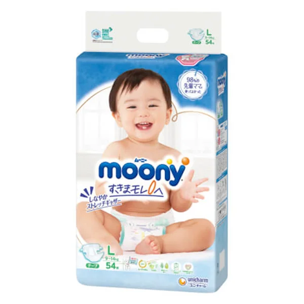 Bỉm tã dán Moony size L, 54 miếng (9-14kg) (giao bao bì ngẫu nhiên)