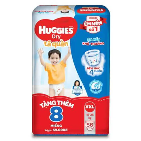 Bỉm tã quần Huggies Dry (XXL, 15 -25 kg, 56 miếng) + 8 miếng