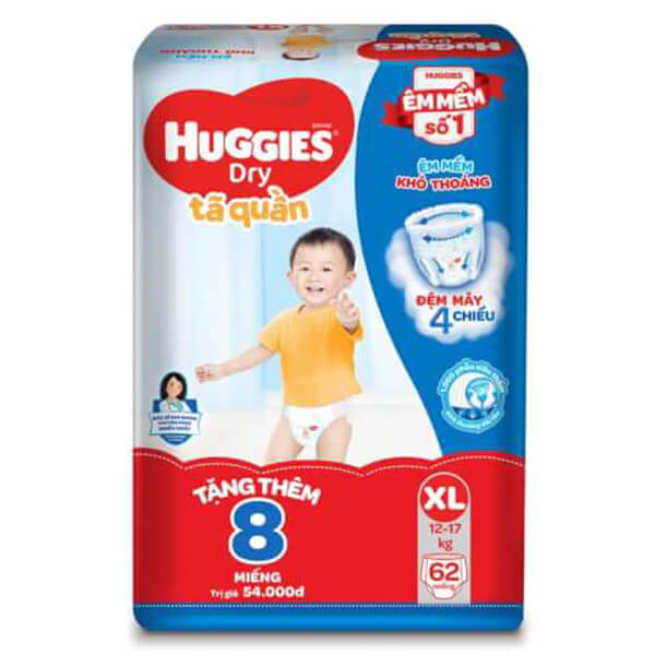 Bỉm tã quần Huggies Dry (XL, 12-17kg, 62 miếng) + 8 miếng