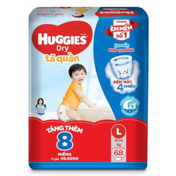 Tã quần Huggies Dry Pants gói cực đại (L, 9-14kg, 68 miếng) + 8 miếng