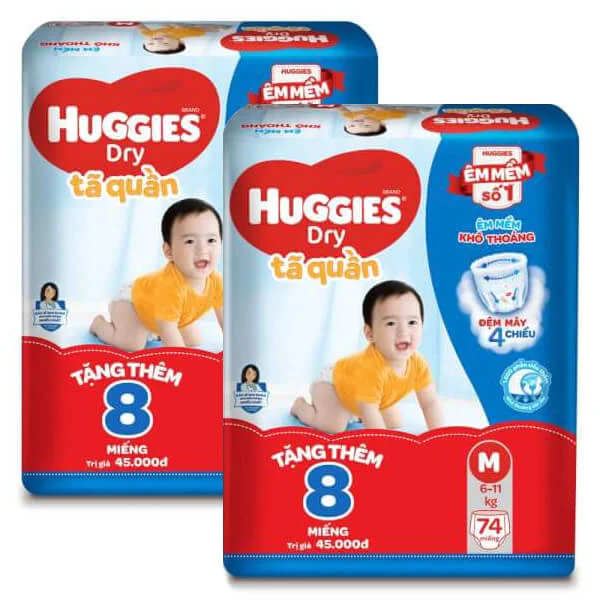 Combo 2 gói bỉm tã quần Huggies Dry Pants (M, 6-11kg, 74 miếng) + 8 miếng