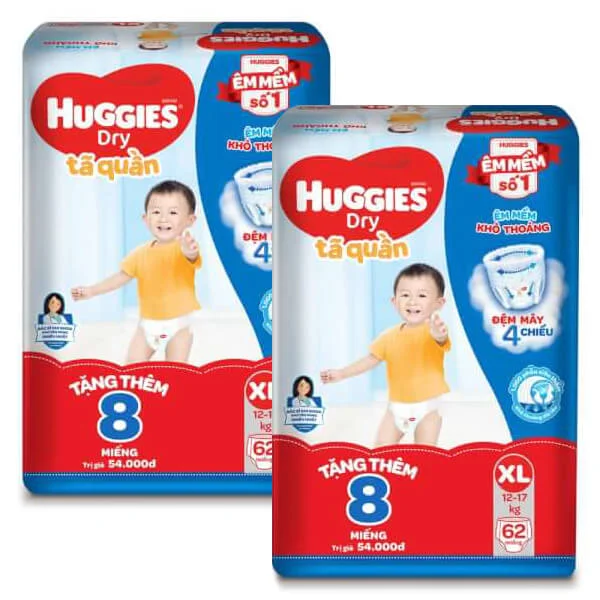 Combo 2 gói bỉm tã quần Huggies Dry (XL, 12-17kg, 62 miếng) + 8 miếng