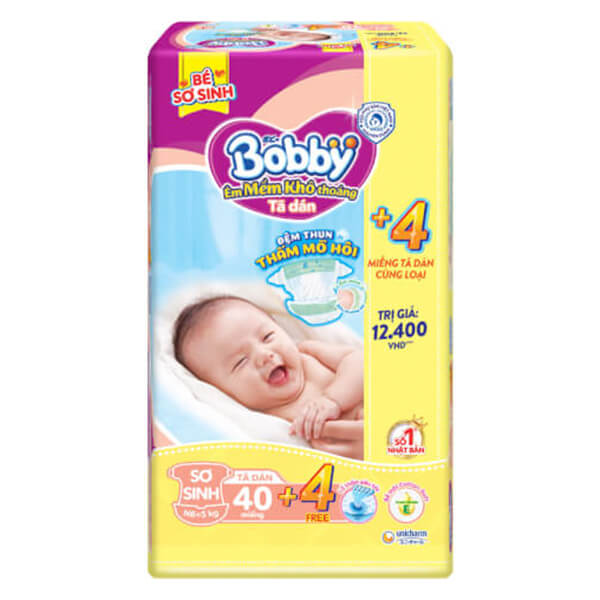 Tã dán Bobby siêu mỏng (sơ sinh, 40 miếng) + 4 miếng