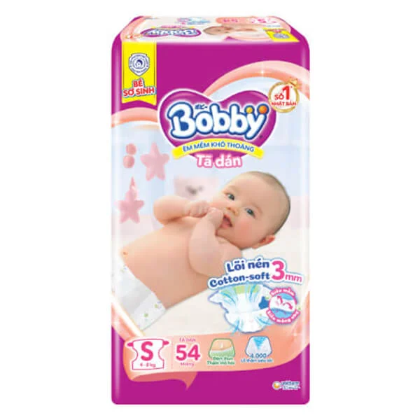 Tã dán Bobby siêu thấm - khô thoáng  (S, 4-8kg, 54 miếng) (giao bao bì ngẫu nhiên)
