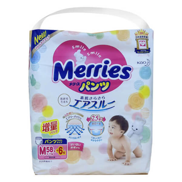 Tã quần Merries cộng miếng (M, 6-11kg, 58 + 6 miếng)