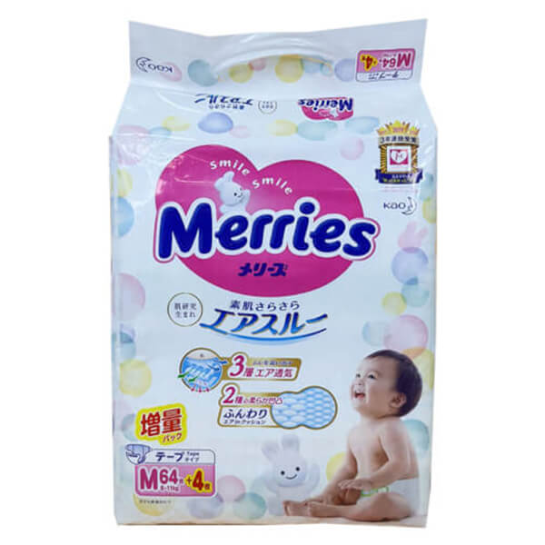 Tã dán Merries cộng miếng (M, 6-11kg, 64 + 4 miếng)