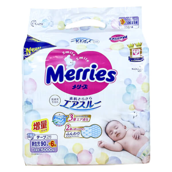 Tã dán Merries cộng miếng (Newborn, dưới 5kg, 90 + 6 miếng)