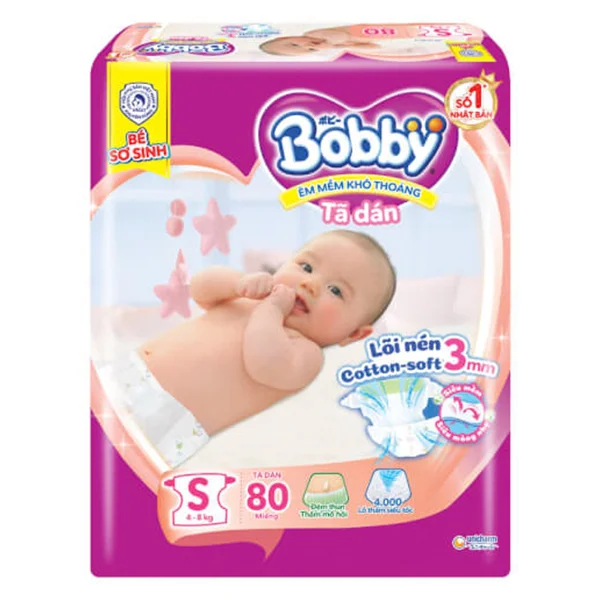 Tã dán Bobby siêu thấm - khô thoáng  (S, 4-8kg, 80 miếng) (giao bao bì ngẫu nhiên)
