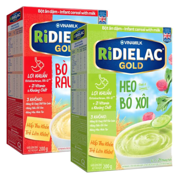 Combo 2 Bột ăn dặm RIDIELAC GOLD Bò rau củ HG 200g và Heo bó xôi HG 200g