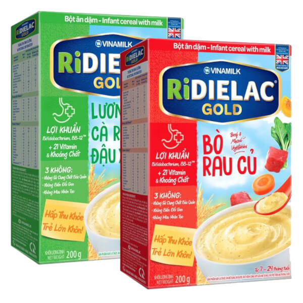 Combo 2 Bột ăn dặm RIDIELAC GOLD Bò rau củ HG 200g và Lươn cà rốt đậu xanh HG 200g