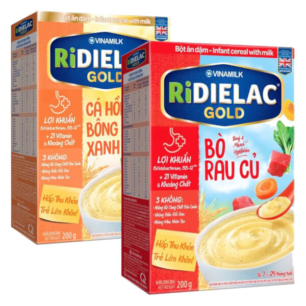 Combo 2 Bột ăn dặm RIDIELAC GOLD Bò rau củ HG 200g và Cá hồi bông cải xanh HG 200g