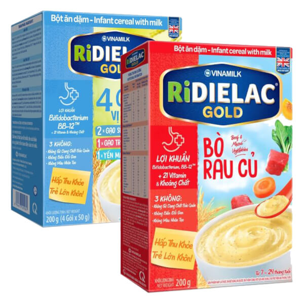 Combo 2 Bột ăn dặm RIDIELAC GOLD Bò rau củ HG 200g và 4 gói (3 Vị Ngọt) HG 200g