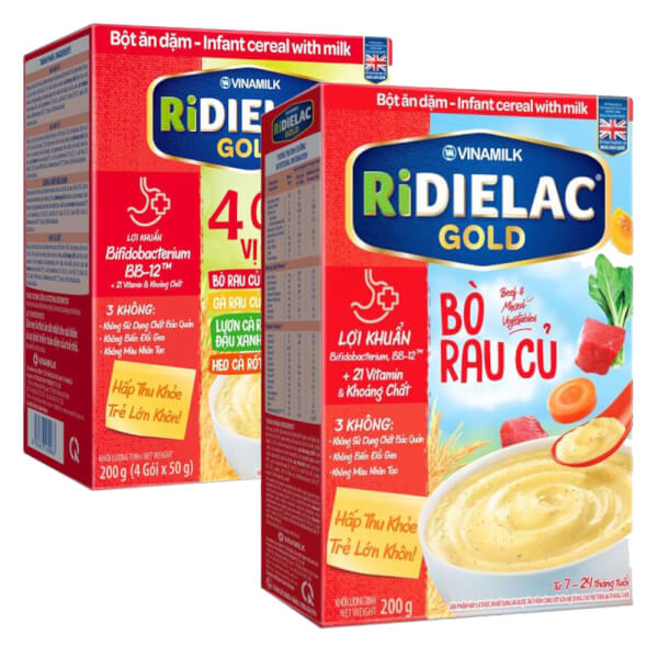 Combo 2 Bột ăn dặm RIDIELAC GOLD Bò rau củ HG 200g và 4 Vị Mặn HG 200g