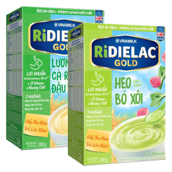 Combo 2 Bột ăn dặm RIDIELAC GOLD Heo bó xôi HG 200g và Lươn cà rốt đậu xanh HG 200g