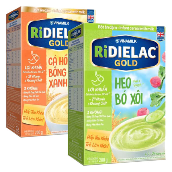 Combo 2 Bột ăn dặm RIDIELAC GOLD Heo bó xôi HG 200g và Cá hồi bông cải xanh HG 200g