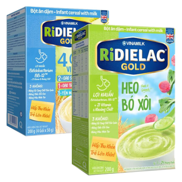 Combo 2 Bột ăn dặm RIDIELAC GOLD Heo bó xôi HG 200g và 4 gói (3 Vị Ngọt) HG 200g