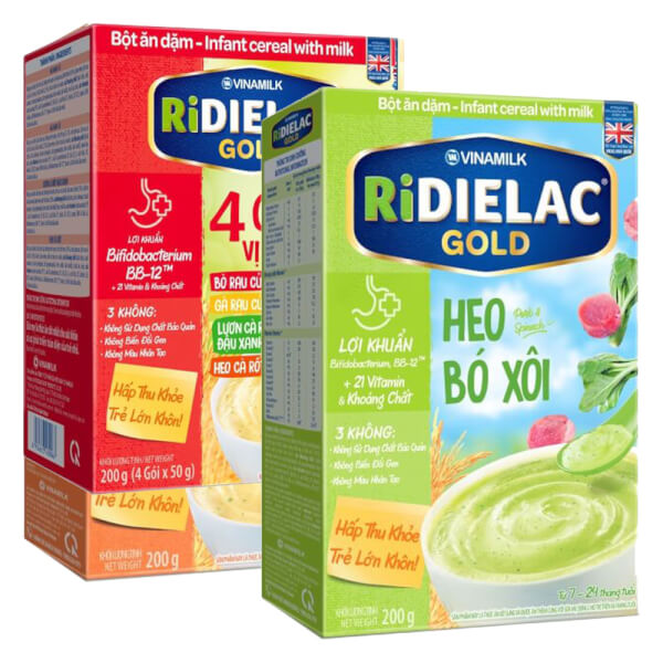 Combo 2 Bột ăn dặm RIDIELAC GOLD Heo bó xôi HG 200g và 4 Vị Mặn HG 200g