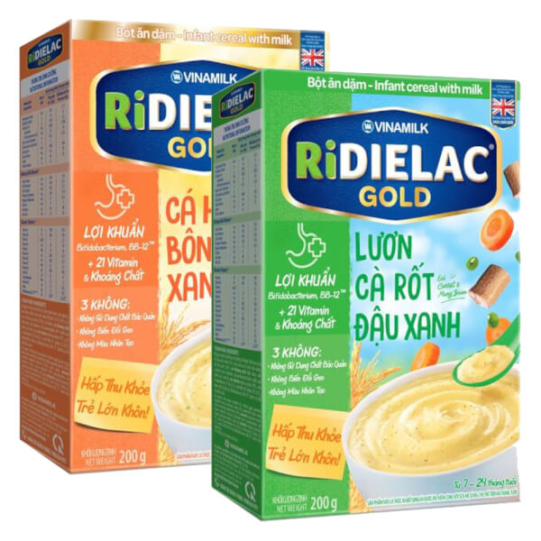 Combo 2 Bột ăn dặm RIDIELAC GOLD Cá hồi bông cải xanh HG 200g và Lươn cà rốt đậu xanh HG 200g