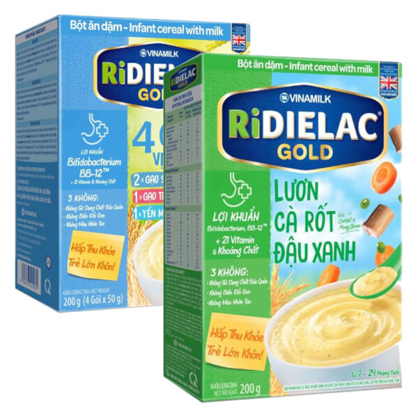 Combo 2 Bột ăn dặm RIDIELAC GOLD Lươn cà rốt đậu xanh HG 200g và 4 gói (3 Vị Ngọt) HG 200g