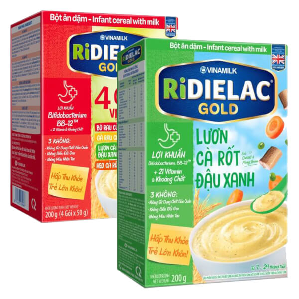 Combo 2 Bột ăn dặm RIDIELAC GOLD Lươn cà rốt đậu xanh HG 200g và 4 Vị Mặn HG 200g