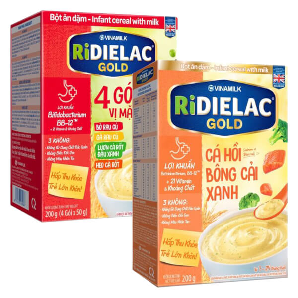 Combo 2 Bột ăn dặm RIDIELAC GOLD Cá hồi bông cải xanh HG 200g và 4 Vị Mặn HG 200g