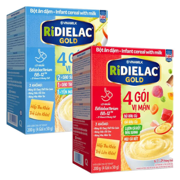 Combo 2 Bột ăn dặm RIDIELAC GOLD 4 gói (3 Vị Ngọt) HG 200g và 4 Vị Mặn HG 200g