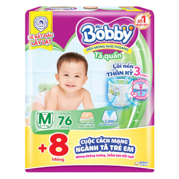 Combo 5 Tã quần Bobby size M, 76 miếng (cải tiến)