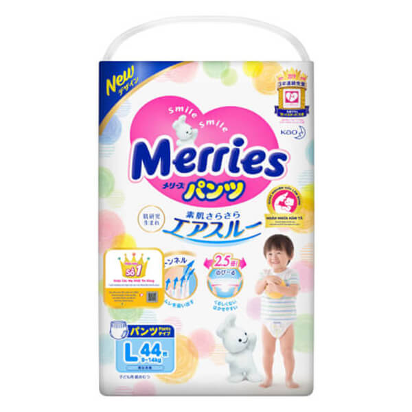 Combo 1 Bỉm tã quần Merries size L 44 miếng (9-14kg) và 1 Băng vệ sinh ban đêm Laurier siêu mỏng (35cm) - 10 miếng