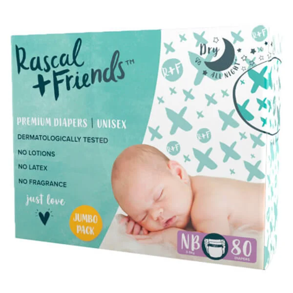 Combo 4 Tã dán sơ sinh Rascal Friends (NB, dưới 5kg, 80 miếng) | Bỉm