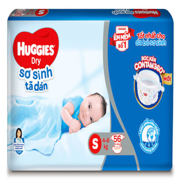 Combo 2 Bỉm tã dán sơ sinh Huggies Dry size S, 56 miếng + 1 gói khăn ướt (4-8kg)