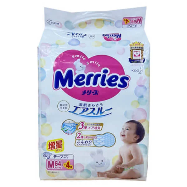 Combo 2 Tã dán Merries cộng miếng (M, 6-11kg, 64 + 4 miếng)