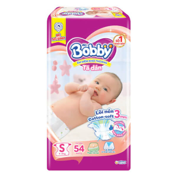 Combo 2 Tã dán Bobby siêu thấm - khô thoáng  (S, 4-8kg, 54 miếng)