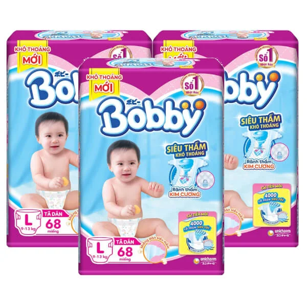 Combo 3 gói Bỉm tã dán Bobby siêu thấm size L, 68 miếng (9-13kg)
