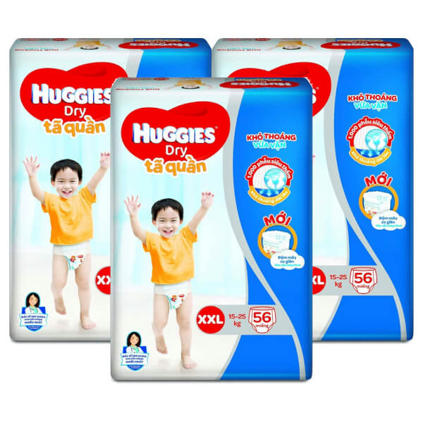 Combo 3 gói Bỉm tã quần Huggies Dry size XXL 56 miếng (15-25kg) (Sản phẩm sẽ được giao với bao bì ngẫu nhiên)