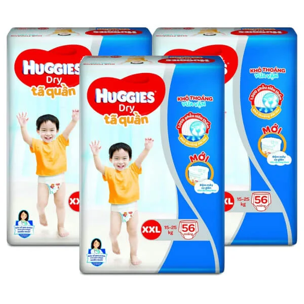 Combo 3 gói Bỉm tã quần Huggies Dry size XXL 56 miếng (15-25kg) (Sản phẩm sẽ được giao với bao bì ngẫu nhiên)