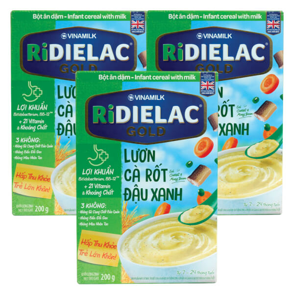 Combo 3 Bột ăn dặm Ridielac Gold Lươn cà rốt đậu xanh HG 200g