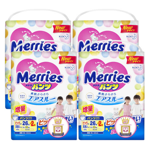 Combo 4 Bỉm tã quần Merries size XXL 26 + 2 miếng (15-28kg)