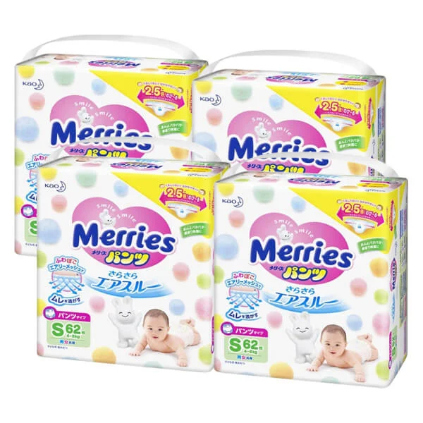 Combo 4 Tã quần Merries (S, 4 - 8 kg, 62 miếng)