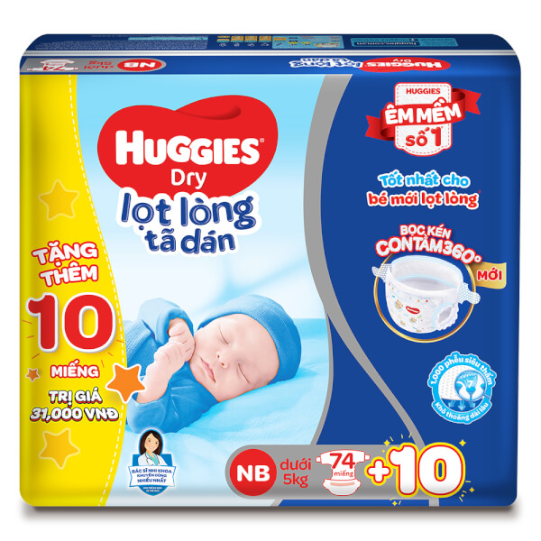 Combo 2 Bỉm tã dán sơ sinh Huggies size NB 74 miếng (dưới 5kg) (Sản phẩm được giao với bao bì ngẫu nhiên)