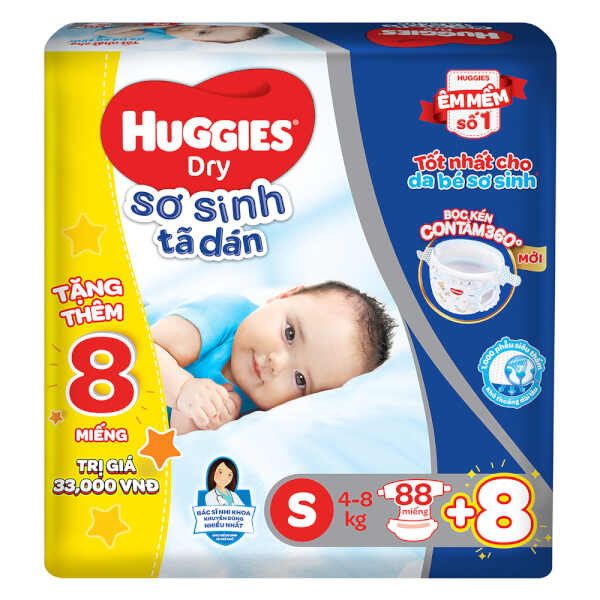 Combo 2 Bỉm tã dán sơ sinh Huggies Dry size S 88 miếng (4-8kg) (Sản phẩm được giao với bao bì ngẫu nhiên)