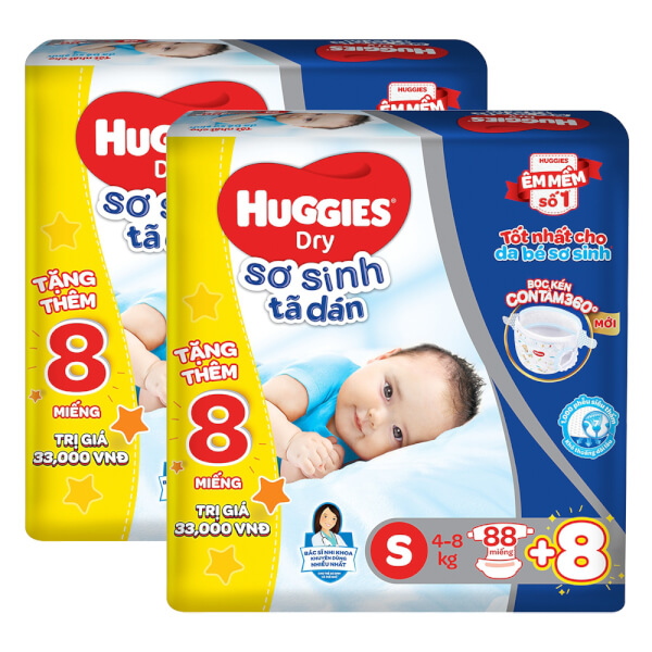 Combo 2 Bỉm tã dán sơ sinh Huggies Dry size S 88 miếng (4-8kg) (Sản phẩm được giao với bao bì ngẫu nhiên)