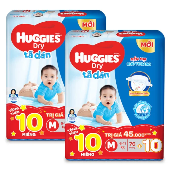 Combo 2 Bỉm tã dán Huggies Dry size M 76 miếng (6-11kg) (Sản phẩm được giao với bao bì ngẫu nhiên)
