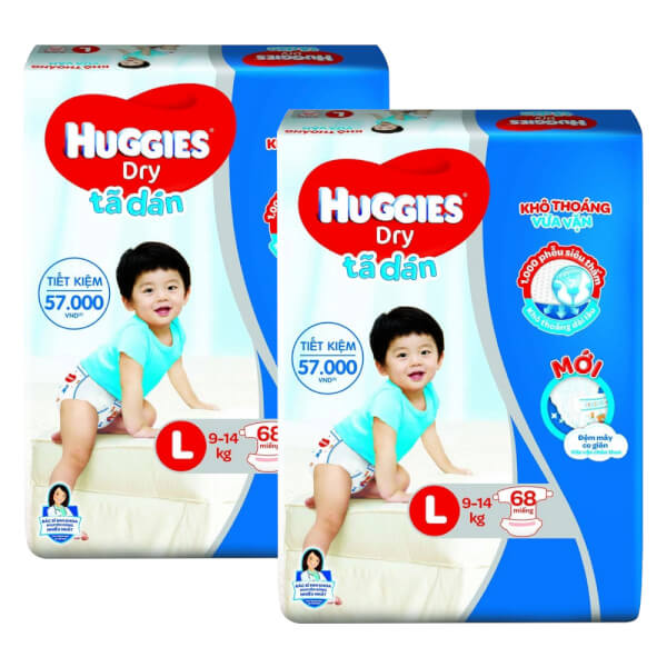 Combo 2 Bỉm tã dán Huggies Dry size L 68 miếng (9 - 14kg)