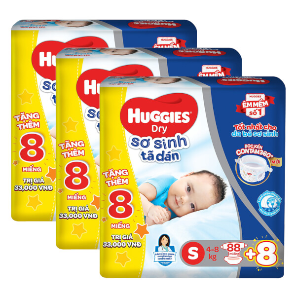 Combo 3 Bỉm tã dán sơ sinh Huggies Dry size S 88 miếng (4-8kg) (Sản phẩm được giao với bao bì ngẫu nhiên)