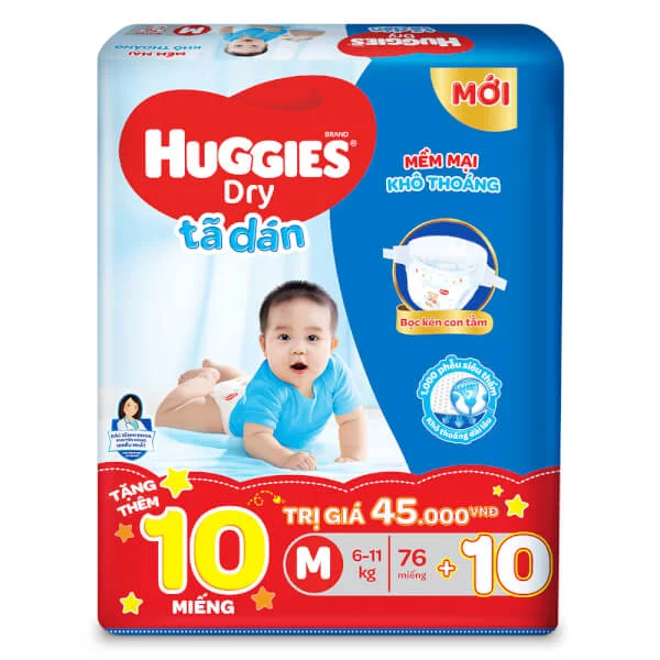 Combo 3 Bỉm tã dán Huggies Dry size M 76 miếng (6-11kg) (Sản phẩm được giao với bao bì ngẫu nhiên)