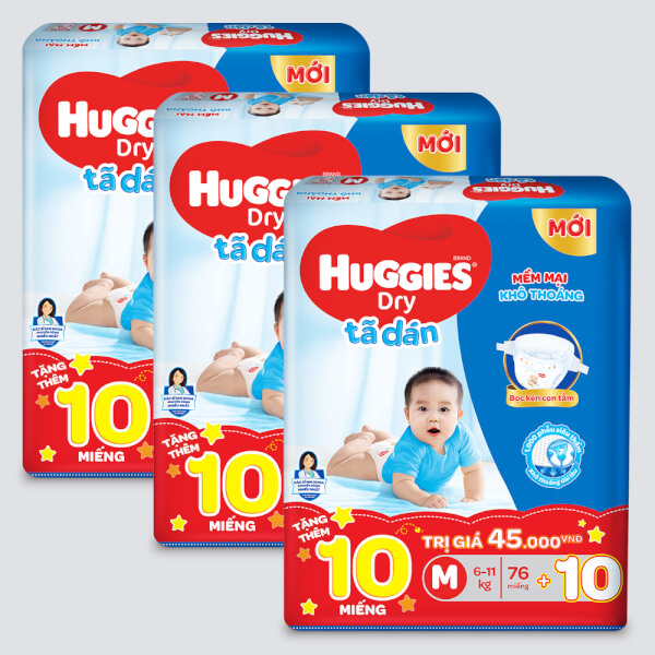 Combo 3 Bỉm tã dán Huggies Dry size M 76 miếng (6-11kg) (Sản phẩm được giao với bao bì ngẫu nhiên)